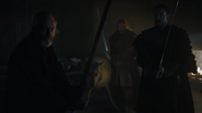Ghost prepares to defend Jon's body alongside Davos and some of the Black Brothers against Alliser Thorne.