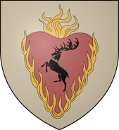 House Baratheon of Dragonstone (variant): cream, a crowned black stag rampant within a fiery heart