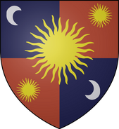 House Tarth: quarterly blue and salmon, 1st and 4th mirrored a white crescent, 2nd and 3rd and central a yellow sunburst