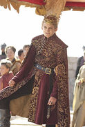 Joffrey wears rich clothing with full gold tracery. He is often fond of wearing capes and large open sleeves, because they make him look physically bigger and hopefully more intimidating than he really is.