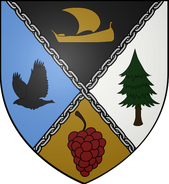 House Hoare: per saltire black, sky blue, white, and gold, two silver chains saltirewise between a gold longship contourny in chief, a black raven in dexter, a pine tree proper in sinister, and a red grape cluster in base