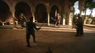 Ser Meryn Trant and Lannister red cloaks prepare to fight Syrio Forel.