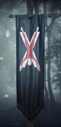 House Bolton - A red flayed man, hanging upside-down on a white X-shaped cross, on a black background.