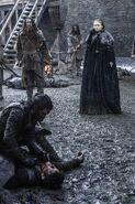 Ramsay is beaten by Jon Snow.