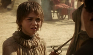 Arya Stark threatens Hot Pie with Needle.