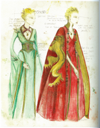 Concept art of Cersei's costumes in Season 1 (left) and Season 2 (right), with notes explaining the shift she makes towards her "true" Lannister style after Robert dies.