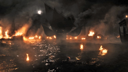 The Silence sails away from the destroyed Greyjoy fleet.