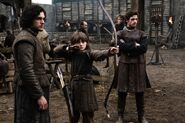 Eddard's sons Robb Stark, Bran Stark, Rickon Stark, and Jon Snow. Notice that Jon's Winterfell clothing is of slightly less good quality than Robb's, because he is a bastard and Robb is Eddard's heir.