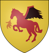 Personal arms of Aegor Rivers: gold, a red stallion with black wings snorting orange flame