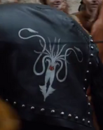 Another, more elaborate version of Euron Greyjoy's personal sigil, displayed on the bardings of his horse