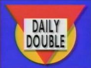 Season 7 Daily Double with white squares in black letters over red triangle over a yellow circle in blue background.