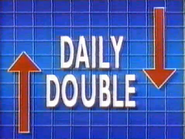 Season 6 Daily Double with blue grid background with thin lines, white text and red arrows pointing up and down. From here to Season 7, Gill Sans returns, appearing both in the original and condensed versions; it is also used in Super Jeopardy!