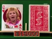 This contestant, named Faith, bets $14,000 that the next card is lower than the Queen of Hearts.
