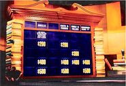 The game board in use during the Jeopardy! round.