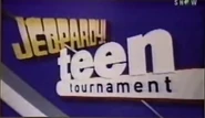Logo as it appears to be on the game board. Notice that the Jeopardy! Logo is gold while the word "teen" and the oval are silverish-white and the word "tournament" is black inside the oval, worth mention the outlined circle is gray and white.