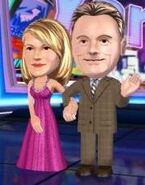 An avatar of Vanna White on the left and Pat Sajak on the right from the Wheel of Fortune video game on the Nintendo Wii.