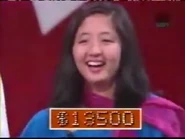 Here's that same contestant, Karen. She busted out twice before coming up with a win of $13,500. Unlike the Perry version, the scoreboard is superimposed for the viewers, AND also is adjusted after each Money Cards playing to update the champion's total winnings.