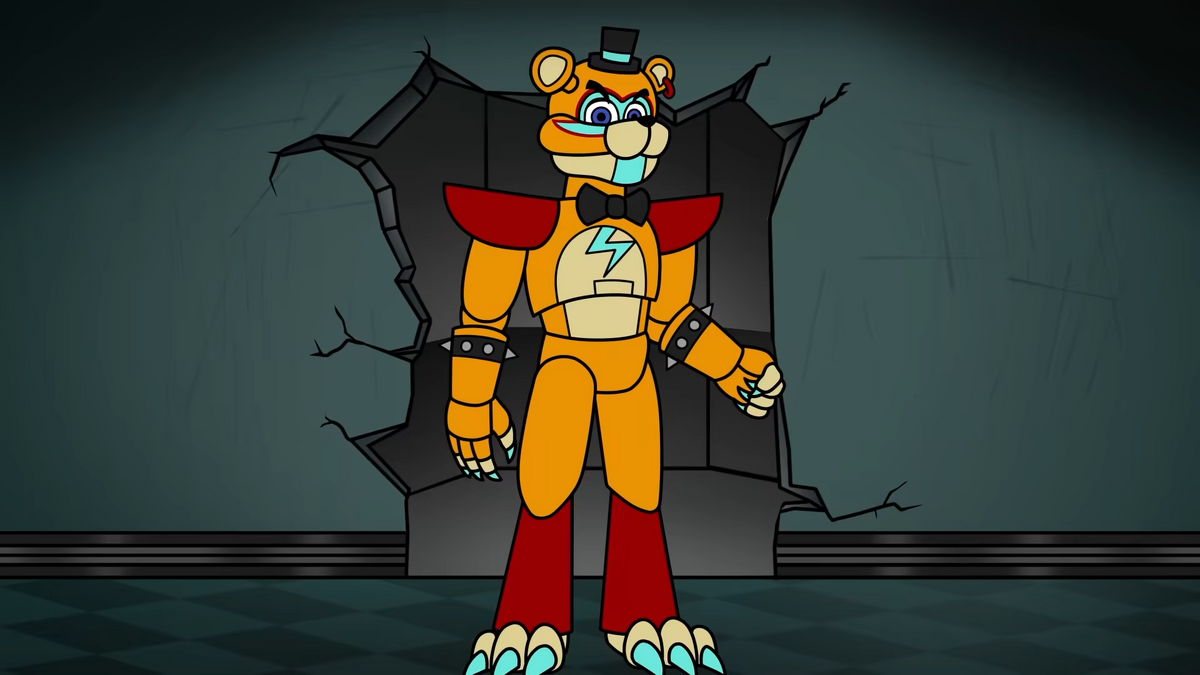 freddy fazbear, glamrock freddy, gregory (fnaf), five nights at  freddy's, five nights at freddy's: security breach, 1boy,  bandaid, bandaid on cheek, bandaid on face, blue shirt, bow, bowtie, brown  hair, character doll