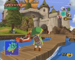 Link standing on the docking bay of Windfall Island