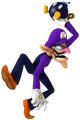 Waluigi throwing a Bob-omb.