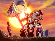 (Ep 19) GaoGaiGar and ChouRyuuJin after the battle with EI-18, with the Super Mechanoid suffering severe damage from usage of the Hyper Tool.