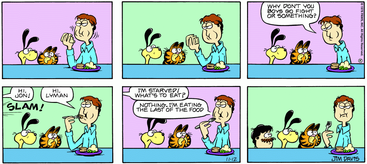 Hi john what s the matter. Лаймэн Гарфилд. Garfield Lyman Comics. Food Fight комикс. Гарфилд страшная охота на мусорщика.