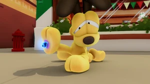 Odie winces after getting an asteroid stuck to his paw.
