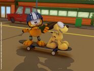 Garfield and Odie riding on a kid's skateboard. As seen in "Odie in Love".