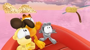 Garfield, Odie, and Nermal cower from a giant rubber ducky.