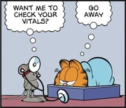 6/16/2021 A mouse offers to check Garfield's vitals ahead of his 43rd birthday.