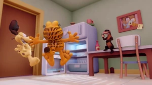 Garfield and Odie are shocked to see that Mrs. Ferret has cleaned out the fridge.