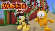 Garfield running with Squeak alongside Odie running with Packy. As seen in "Detective Odie".