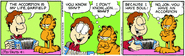 Third panel: The area to the upper right of Garfield's thought bubble is uncolored.