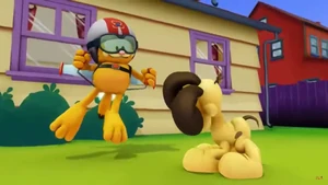Odie covers his eyes, expecting Garfield's jetpack to backfire