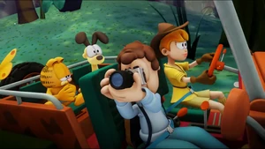 Angie drives the gang through the jungle.