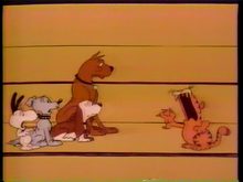 Garfield hisses at Snoopy, Daisy, Fred Basset, and Marmaduke