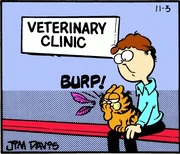 11/3/1979 Garfield burps up a couple of feathers after eating a bird named Petey.
