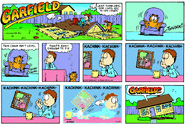 Seventh Panel: Most of the black lines surrounding the panel, character and items are discolored blue, as well as two letters of Jim Davis's signature.