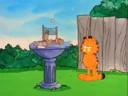 Timeshare: Garfield watches mice playing volleyball in the birdbath.