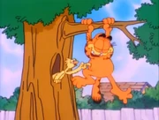 Fall from a Tree: A bird tickles Garfield in an attempt to get him to let go of the branch.
