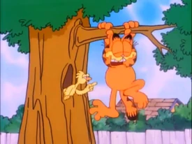 1990: Garfield laughs as a bird starts poking his ticklish tummy.