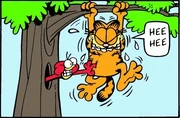 3/11/1990 A bird tickles Garfield's belly after the latter got stuck in a tree.