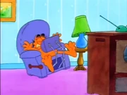 Stupid Recliner: Garfield gets hit in the face with his recliner's footrest.