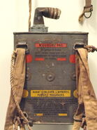 A Petit Model Canister for the Tissot Apparatus residing at the National World War I Museum in Kansas City, MO. Notice the red warning label - indicative that this particular canister contains the earlier steel wool + sodium hydroxide filtering layer that was notorious for giving users severe chemical burns.