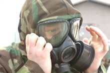 A soldier from the 70th Brigade Support Battalion, 210th Fires Brigade, 2nd Infantry Division wears the M40 during an NBC exercise in South Korea.