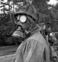 A soldier wearing a "Model K" mask during training