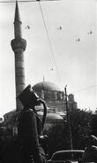 Turkish officer wearing the mask in Istanbul during air raid practice (1939).