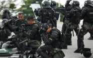 A service member of the Malaysian Armed Forces, puts on an AR10 mask during a riot control demonstrating as part of Non-lethal Weapons Executive Seminar 2015 (NOLES), Sept. 9, 2015