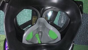 The unused drinking tube on the interior of the mask. The orinasal cup is gray with green rubber intake valves.