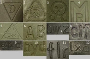 Manufacturer symbols, 1: Dräger Wien, 2: Dräger Lübeck, 3: Chlora, 4: unknown, 5: J. Röckel, 6: Auer Berlin, 7: Auer Berlin (late), 8: J. Röckel (late), 9: Radium, 10: Dräger Lübeck (late), 11: Dräger Wien (late), 12: Kudrnáč.